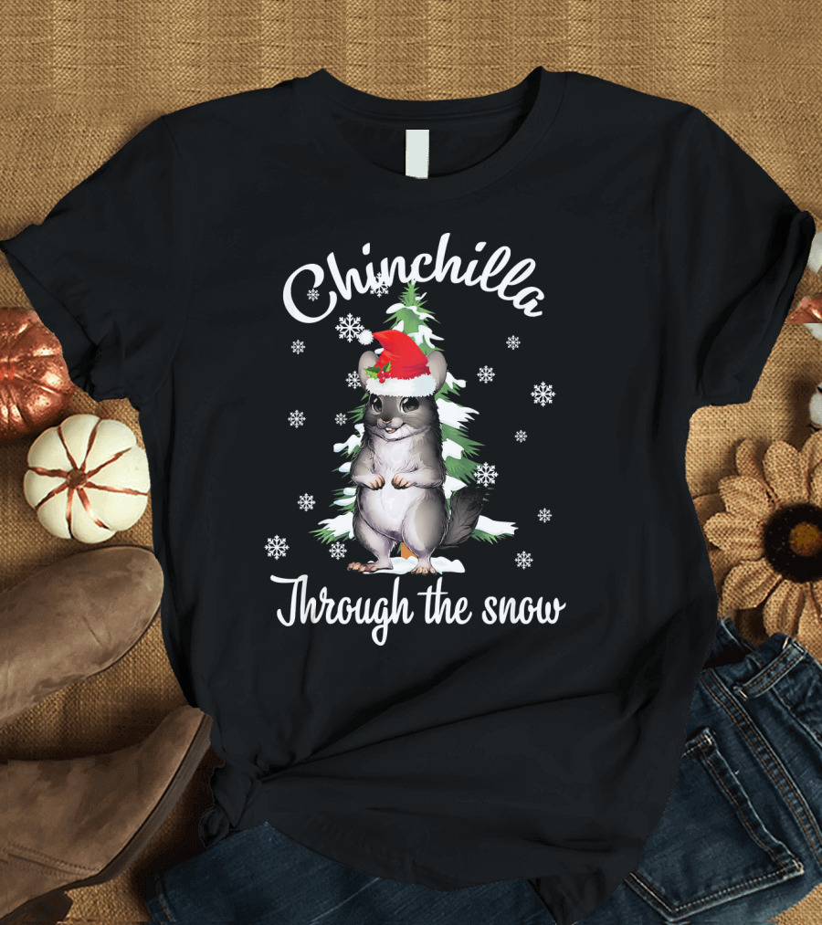 Chinchilla Through the Snow Santa Hat Snowflakes T-Shirt