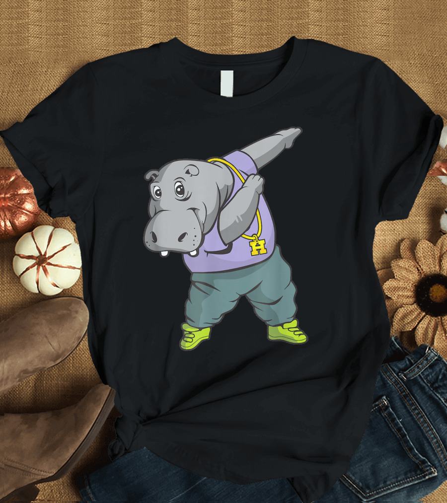 Hip Hop Hippo Dabbing Funny Dab Animal with Necklace T-Shirt