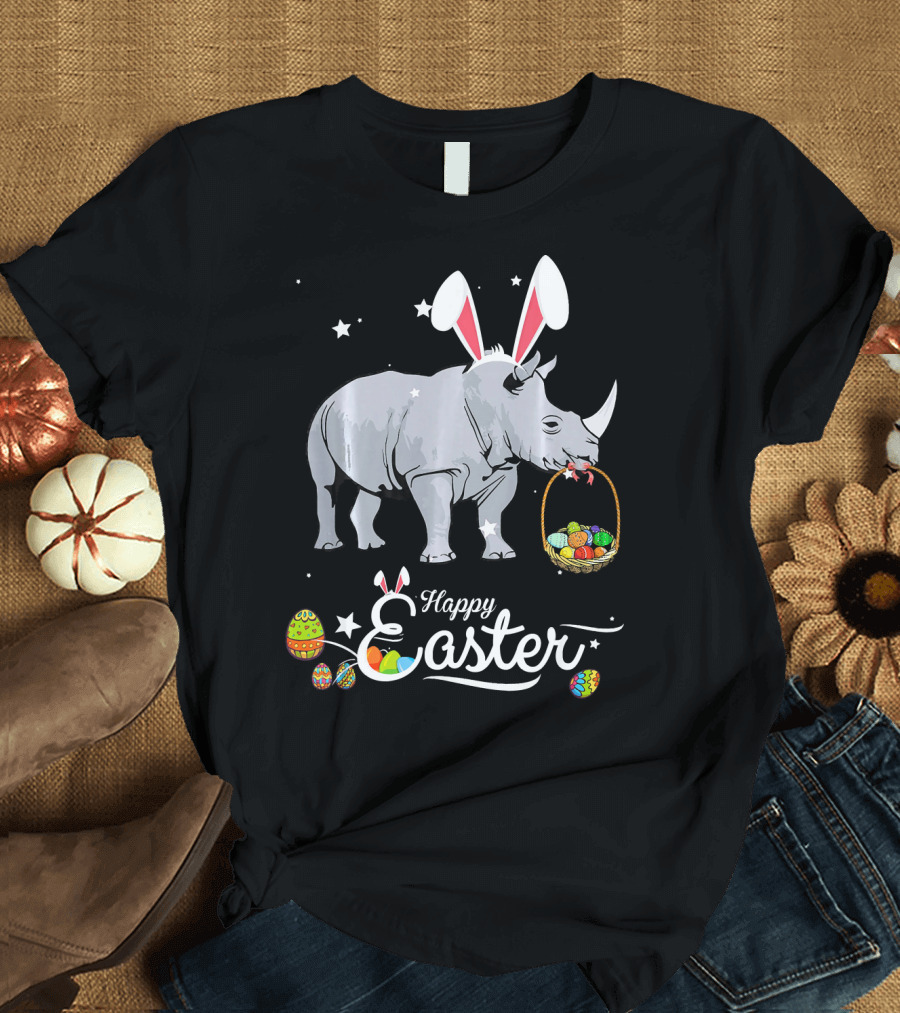 Happy Easter Rhino with Bunny Ears and Easter Eggs T-Shirt
