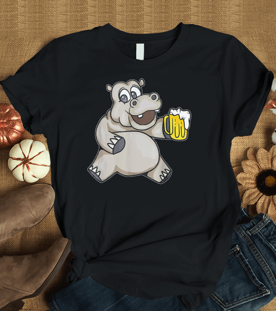 Funny Hippo Drinking Beer Mug Hippopotamus T-Shirt