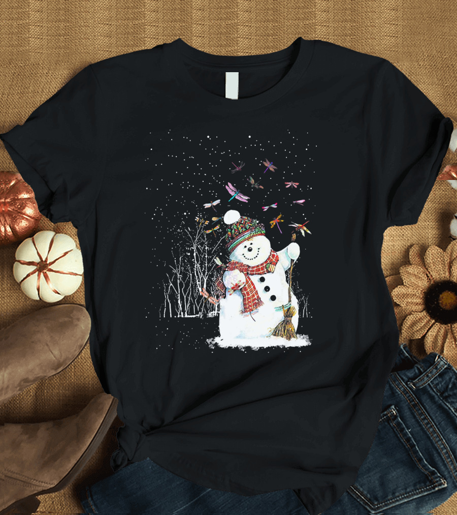 Dragonfly Christmas Snowman Surrounded by Festive Dragonflies T-Shirt