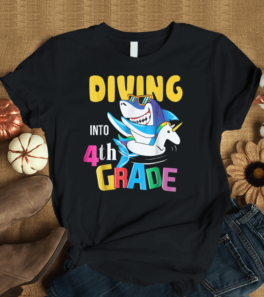 Diving Into 4th Grade Dabbing Shark Unicorn Float Sunglasses T-Shirt