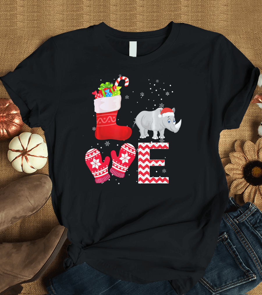 Funny Christmas Rhino Santa Hat Stocking Gift Love T-Shirt