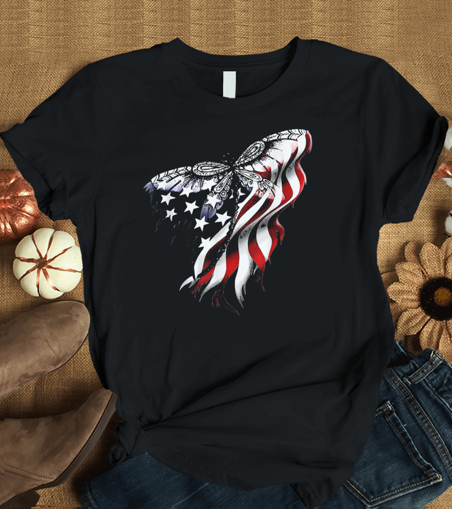 Dragonfly Overlay on American Flag T-Shirt