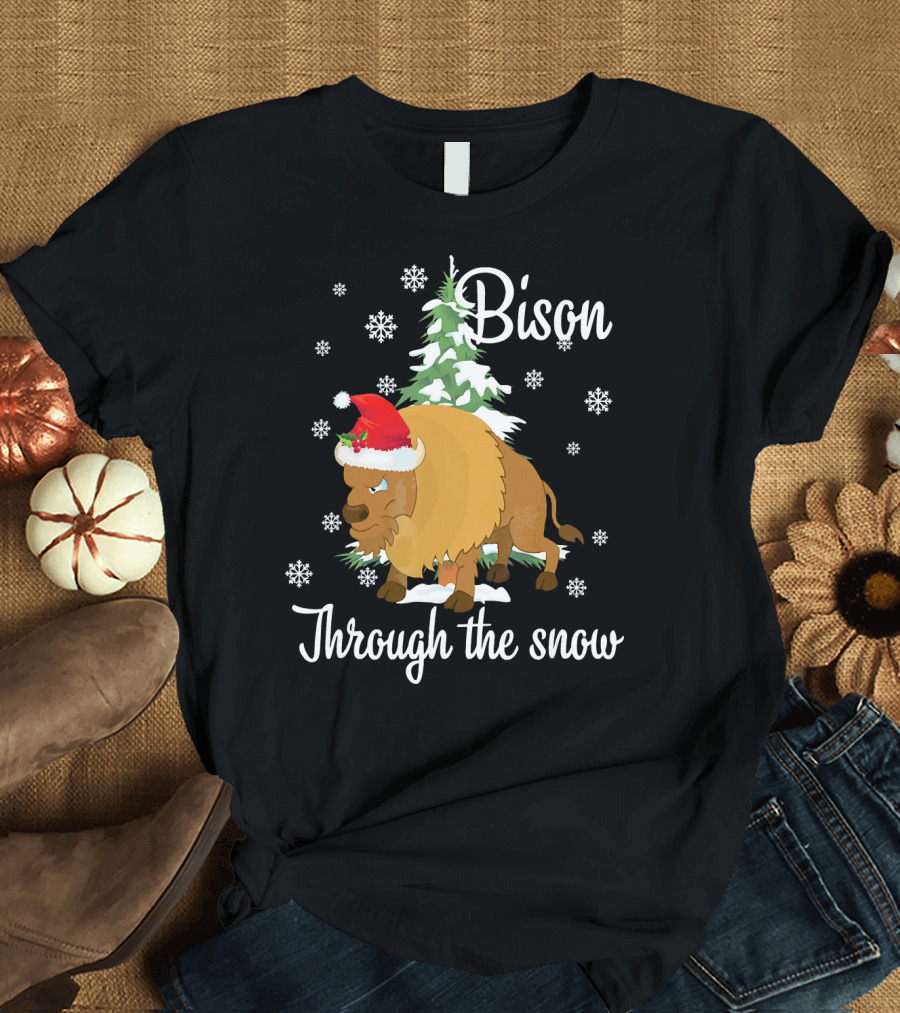 Bison Through The Snow with Santa Hat and Snowflakes T-Shirt