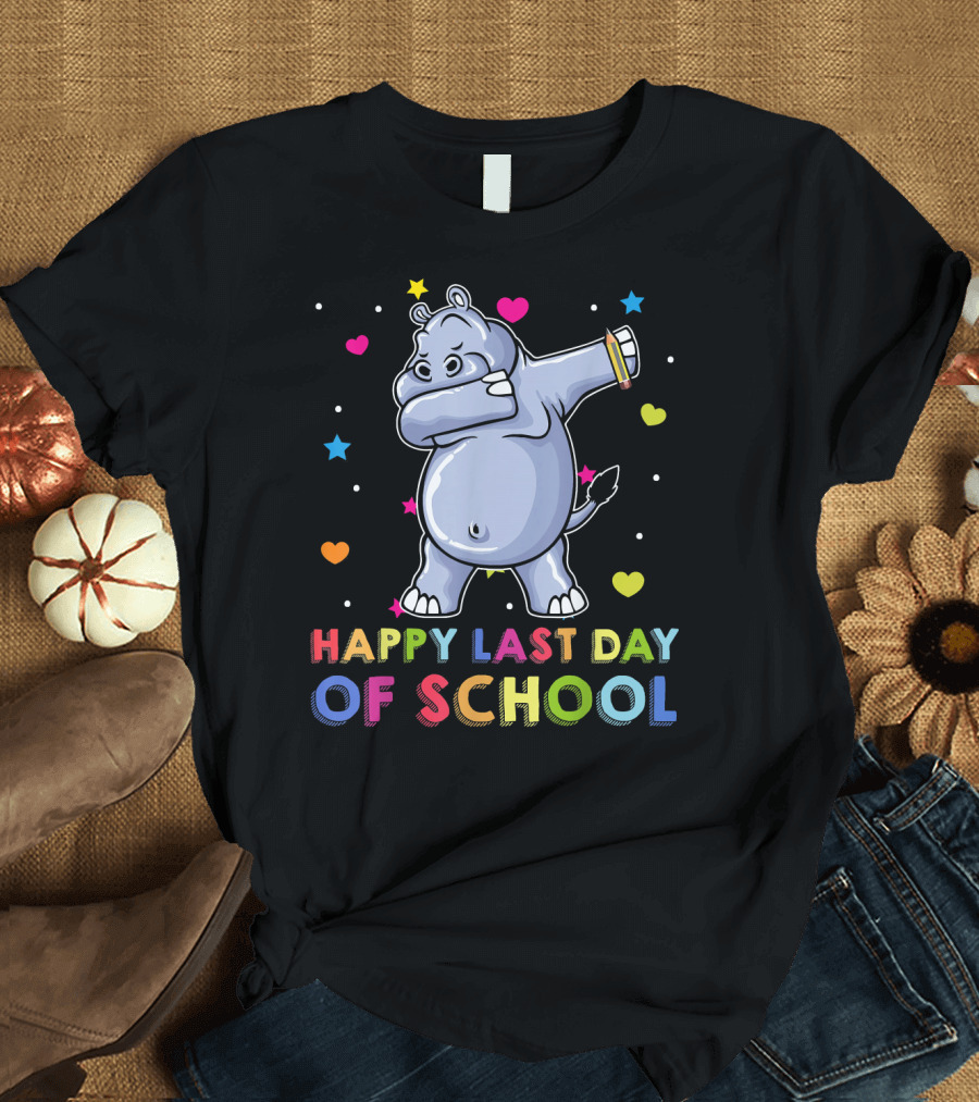 Happy Last Day of School Dabbing Hippo with Colorful Hearts and Stars T-Shirt