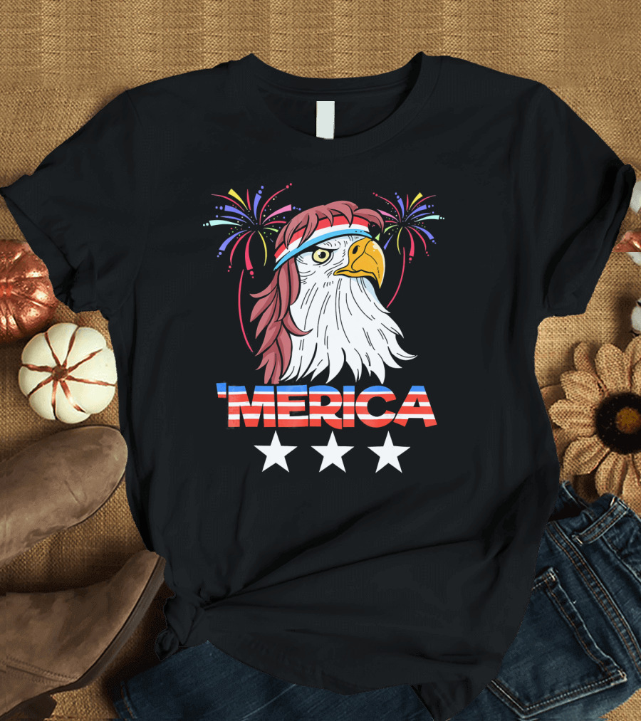 Funny 4th Of July Merica Bald Eagle With Fireworks And Stars T-Shirt