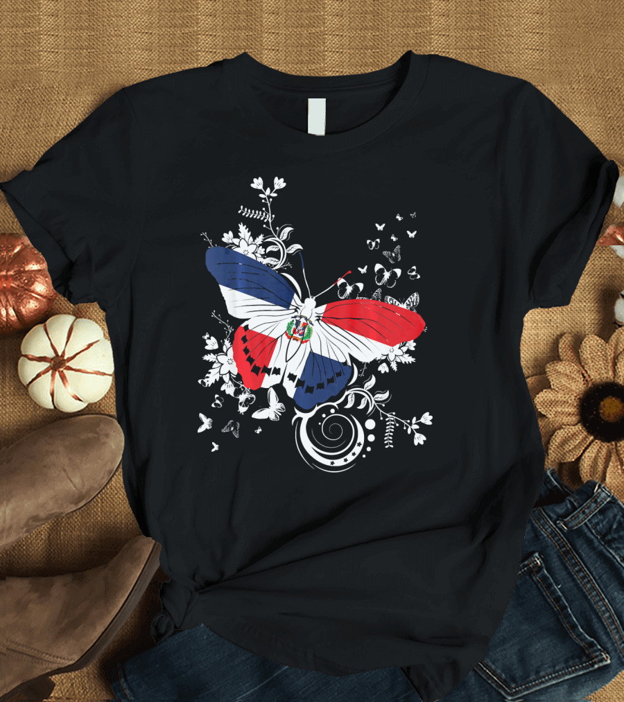 Dominican Republic Flag Butterfly with Floral Accents T-Shirt