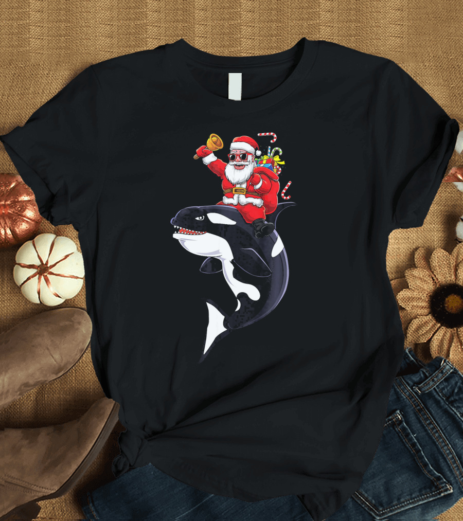 Santa Claus Riding Orca Whale Holding Bell with Gifts and Candy Canes T-Shirt