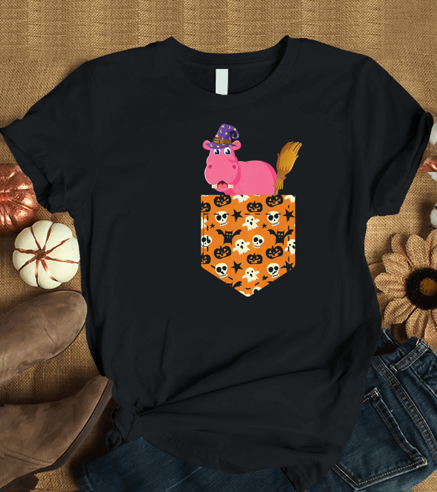 Cute Halloween Hippopotamus Pumpkin Pocket with Witch Hat and Broom T-Shirt