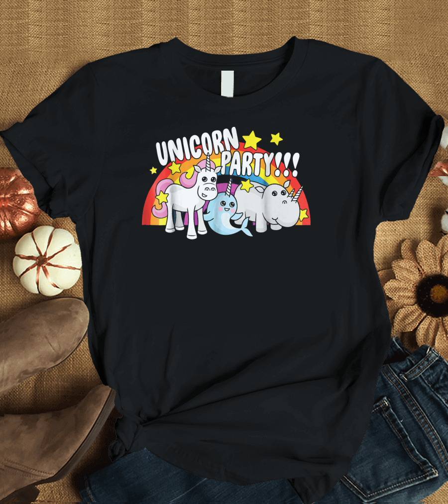 UNICON PARTY Unicorn Narwhal Rhino Rainbow Stars T-Shirt