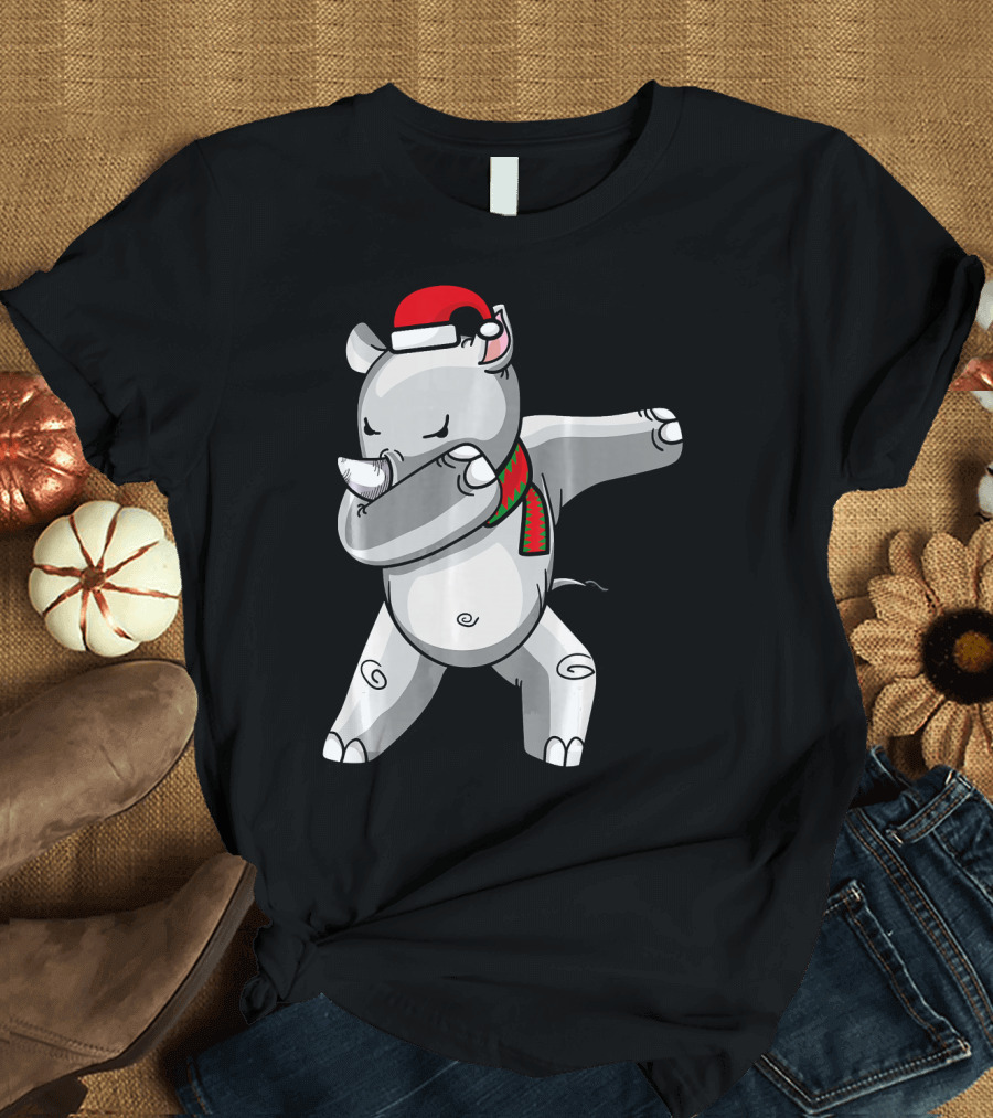 Dabbing Rhino Santa Hat Christmas Scarf Dance T-Shirt