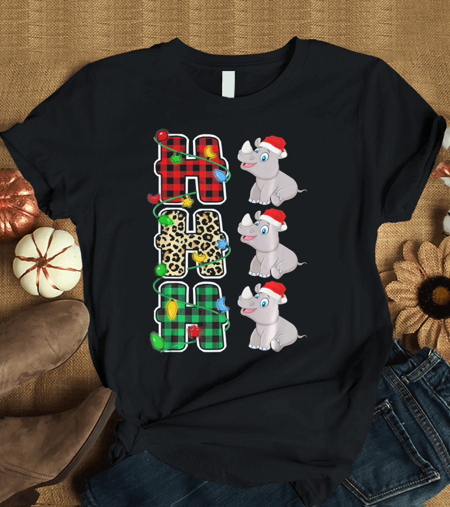 HO HO HO Plaid Leopard Christmas Santa Hat Rhino T-Shirt