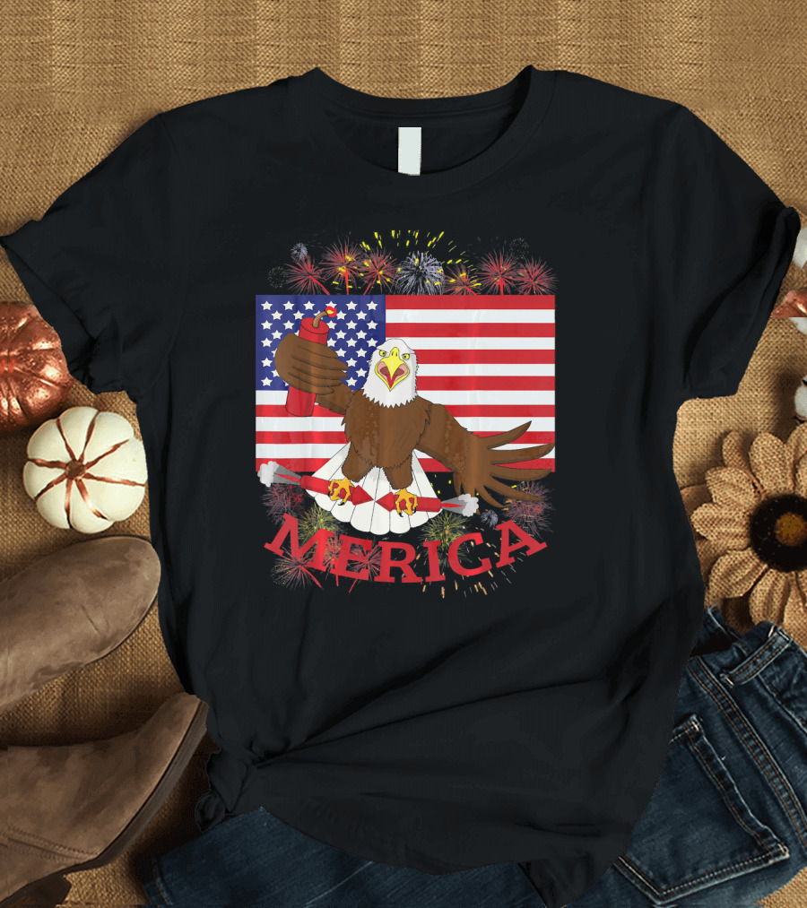 Merica Bald Eagle Fireworks American Flag Patriotic T-Shirt