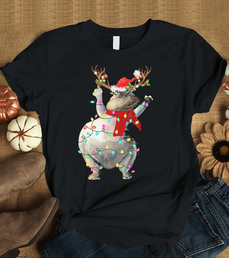 Hippopotamus in Santa Hat with Reindeer Antlers and Christmas Lights T-Shirt