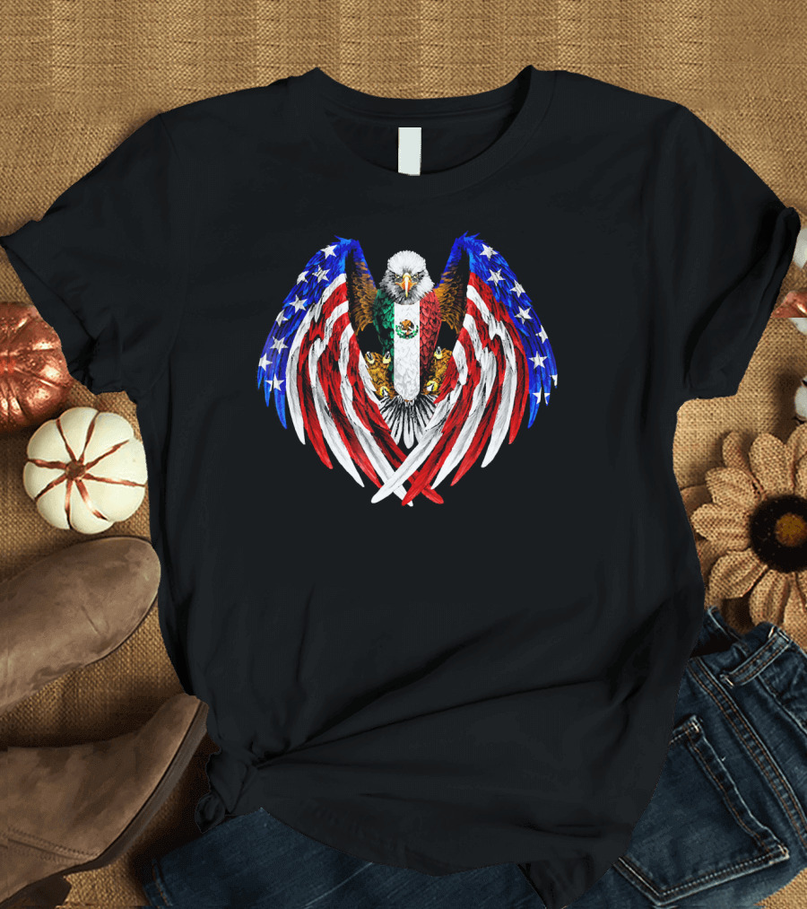 Mexican American Flags Eagle Emblem Mexico USA T-Shirt