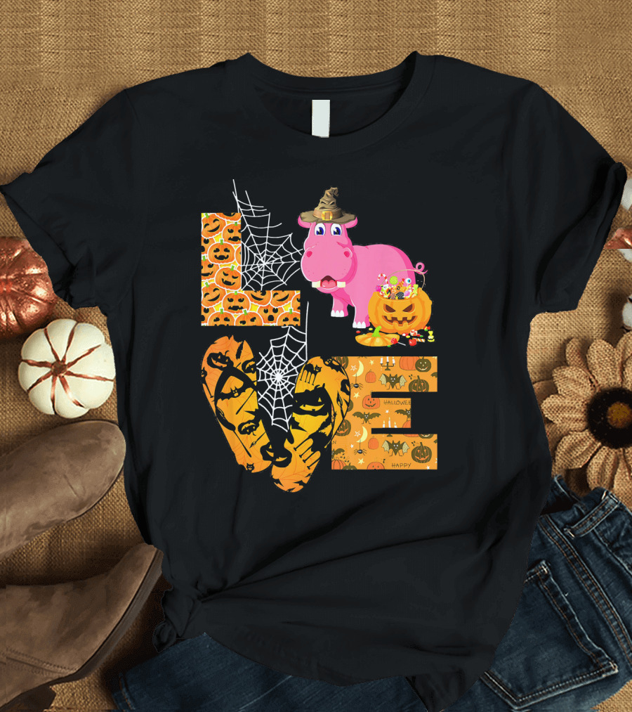 LOVE Halloween Hippopotamus Pumpkin Spiderweb T-Shirt