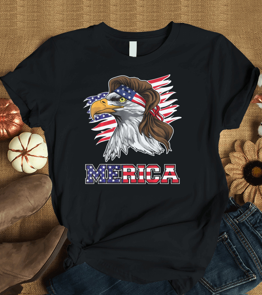 Merica American Bald Eagle Mullet USA Flag Bandana T-Shirt