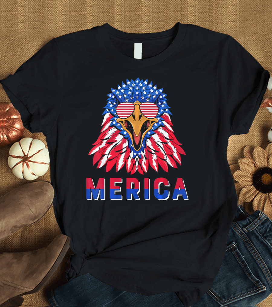 Merica Bald Eagle With American Flag Sunglasses T-Shirt