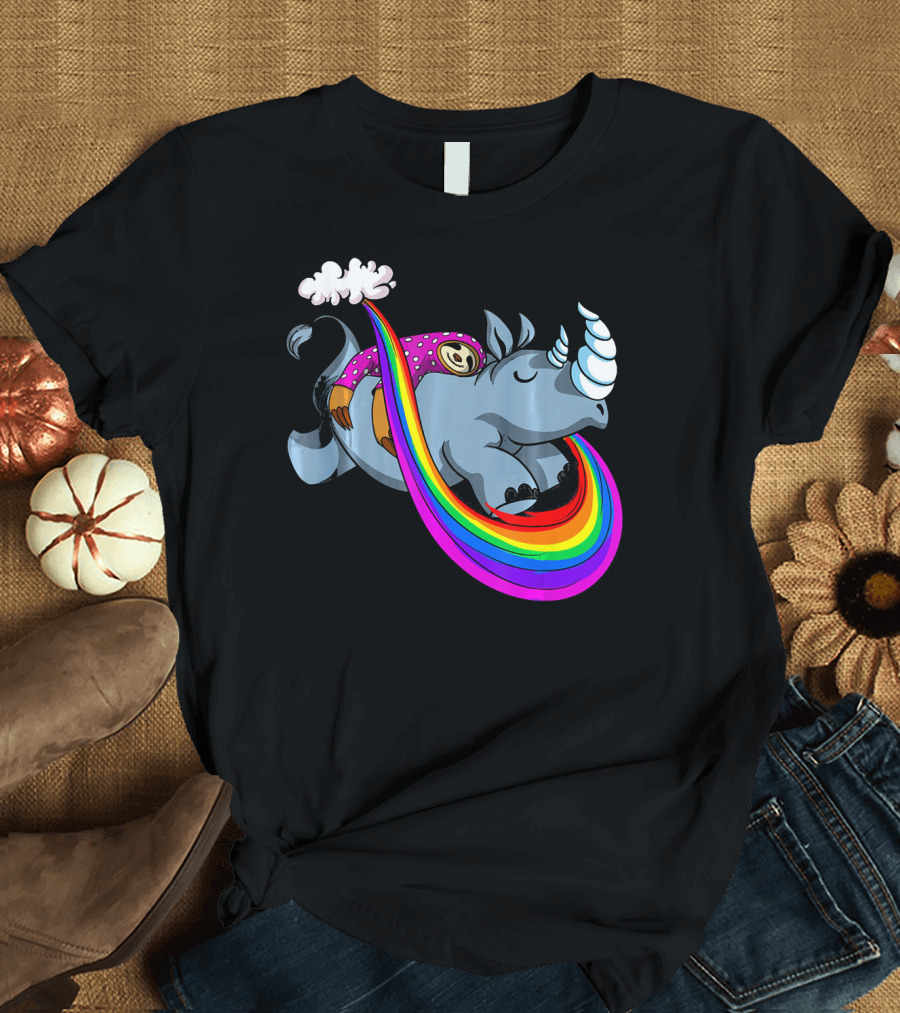 Lazy Cute Sloth Riding Chubby Rainbow Rhino T-Shirt