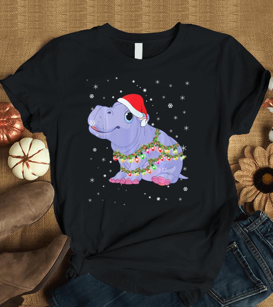 Hippopotamus Light Christmas Santa Hat Holiday Bulbs Snowflakes T-Shirt