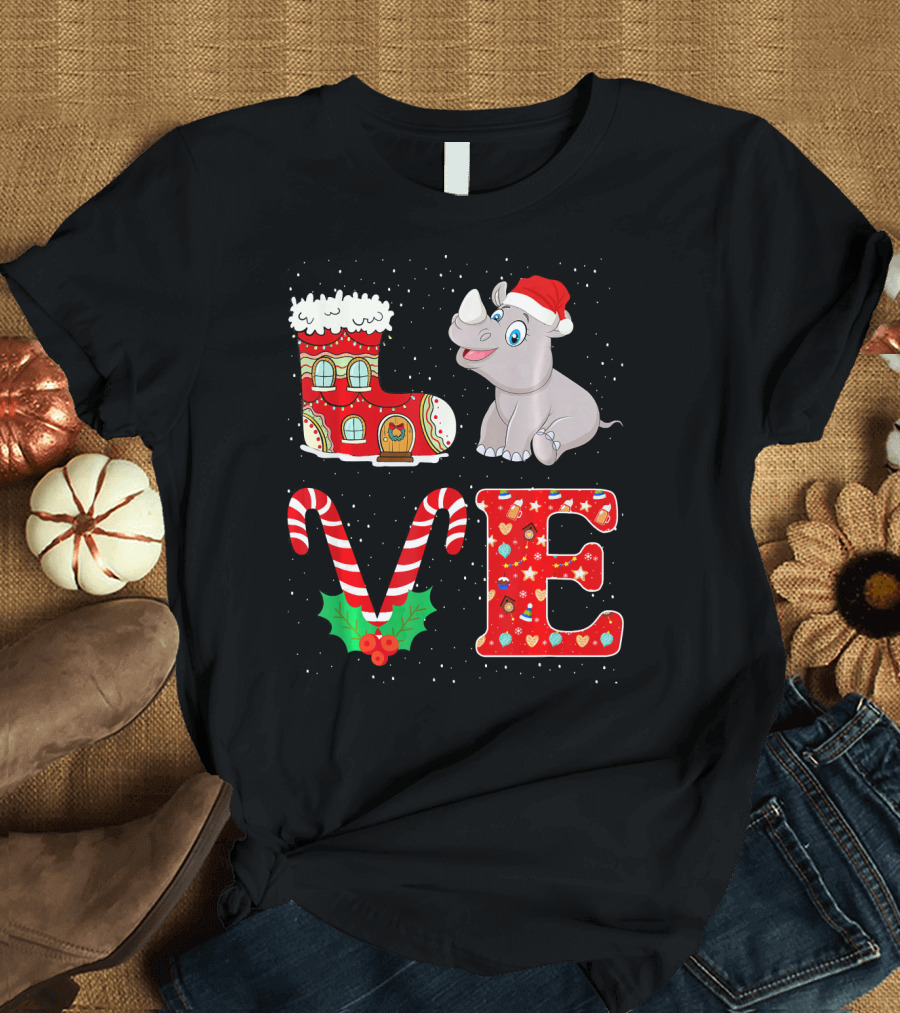 Love My Rhino Christmas Santa Hat Boot Candy Cane Holydays T-Shirt