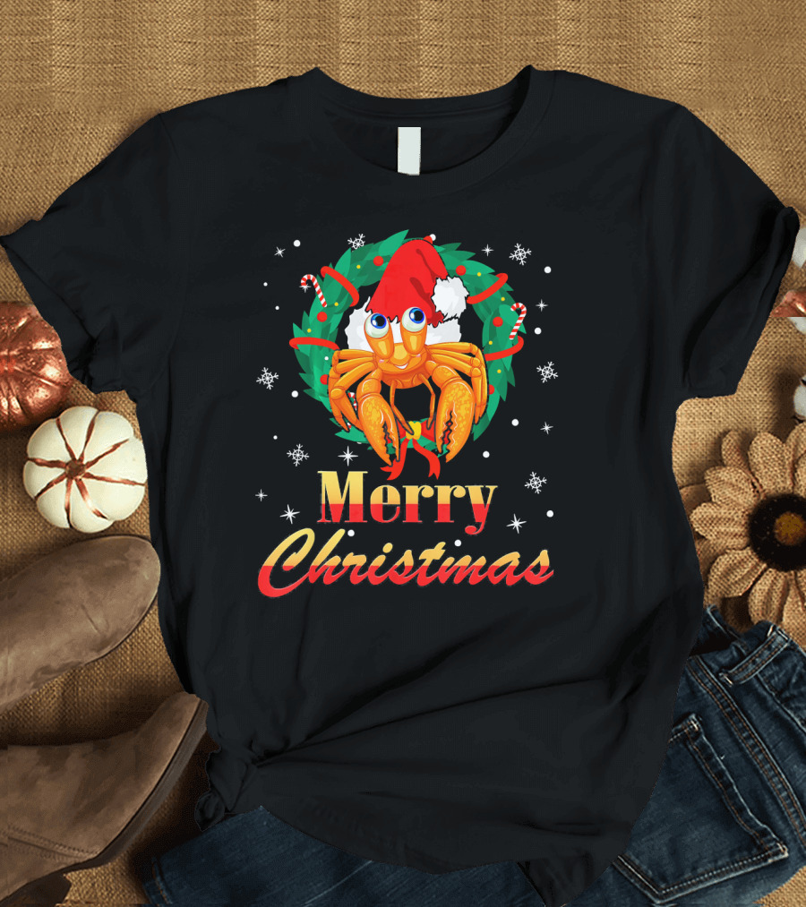 Merry Christmas Hermit Crab Santa Hat Candy Canes Wreath Snowflakes T-Shirt