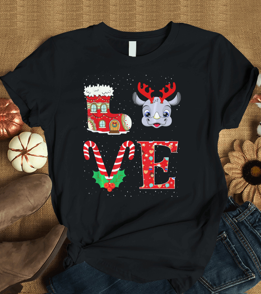 Love Christmas Rhino Reindeer Horns T-Shirt