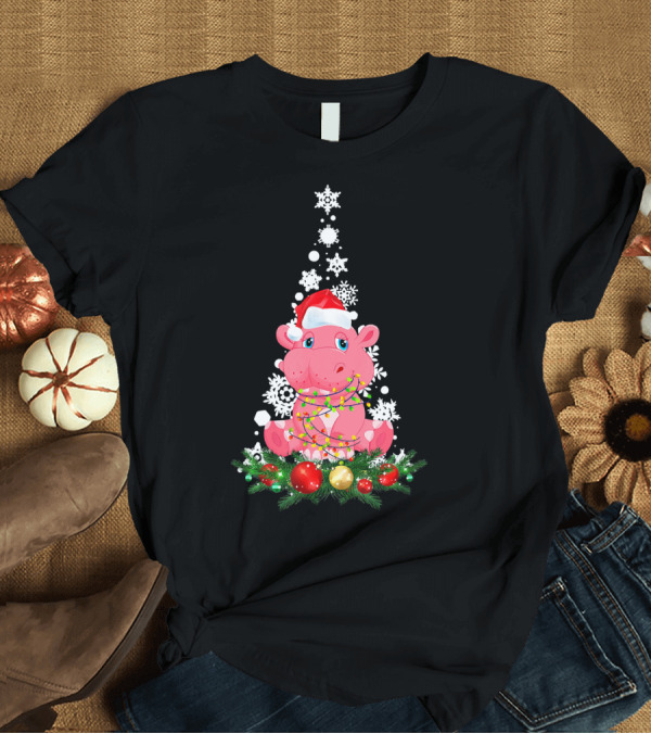 T-Shirt: Hippopotamus Christmas Animal Light with Santa Hat and Snowflakes T-Shirt Hippopotamus Christmas Animal Light with Santa Hat and Snowflakes T-Shirt