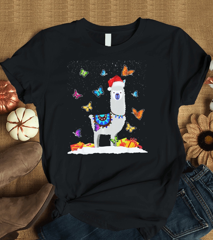 Lovely Llama Christmas with Butterflies and Presents in Snow T-Shirt