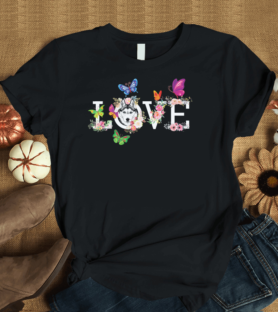Love Siberian Husky Floral Butterfly Arrangement T-Shirt