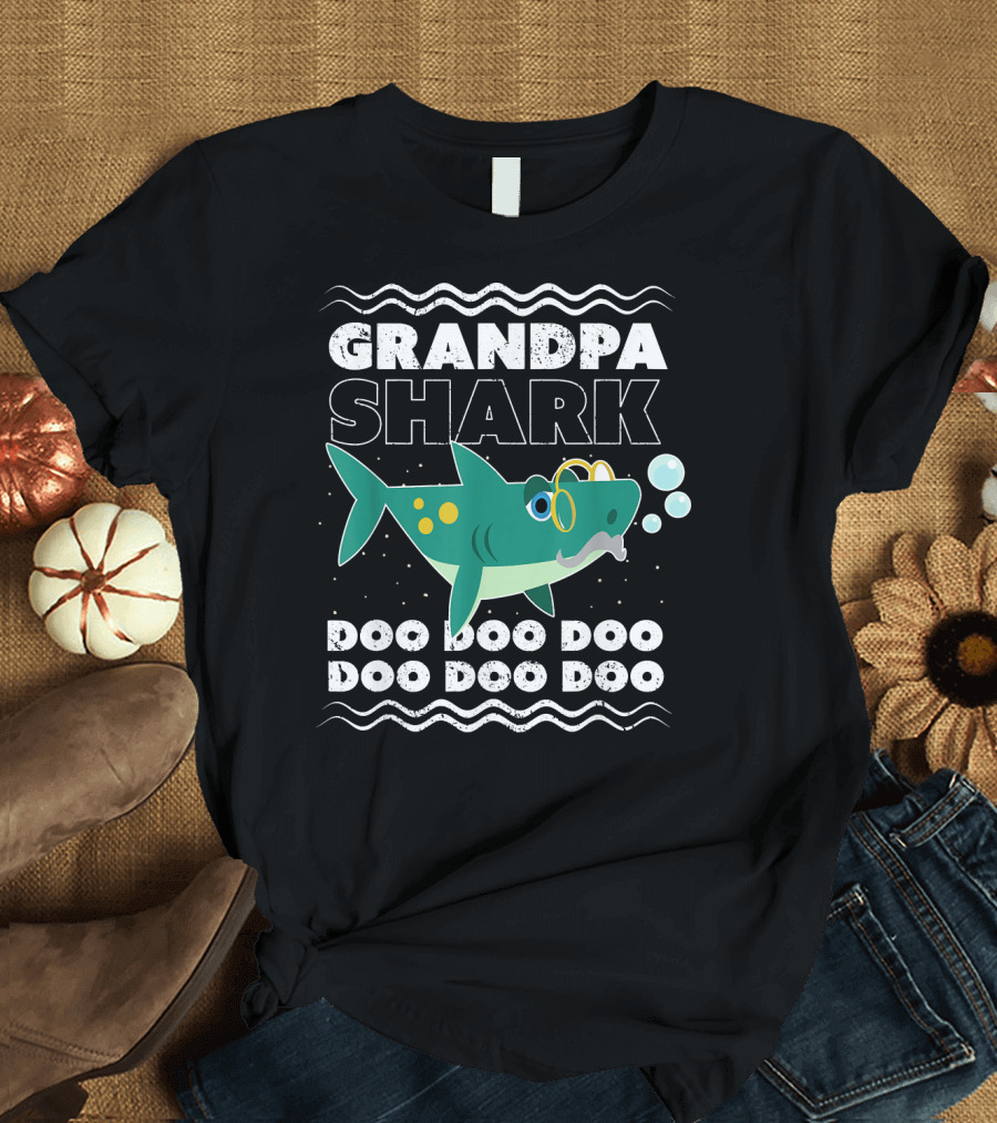 Grandpa Shark Doo Doo Doo Bubbles and Waves T-Shirt