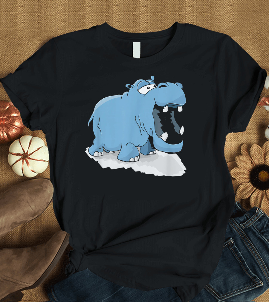 Hippopotamus Cute Baby Love Hippo Blue Cartoon Yawning T-Shirt