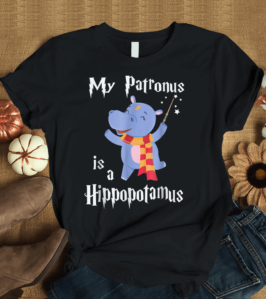 My Patronus Is a Hippopotamus Wearing a Wizard Scarf and Holding a Wand T-Shirt