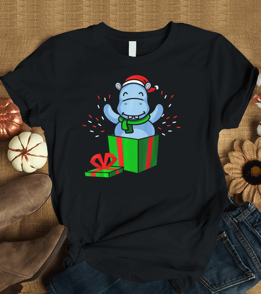 Hippopotamus Christmas Happy Hippo Santa Hat Bursting Out of Present T-Shirt