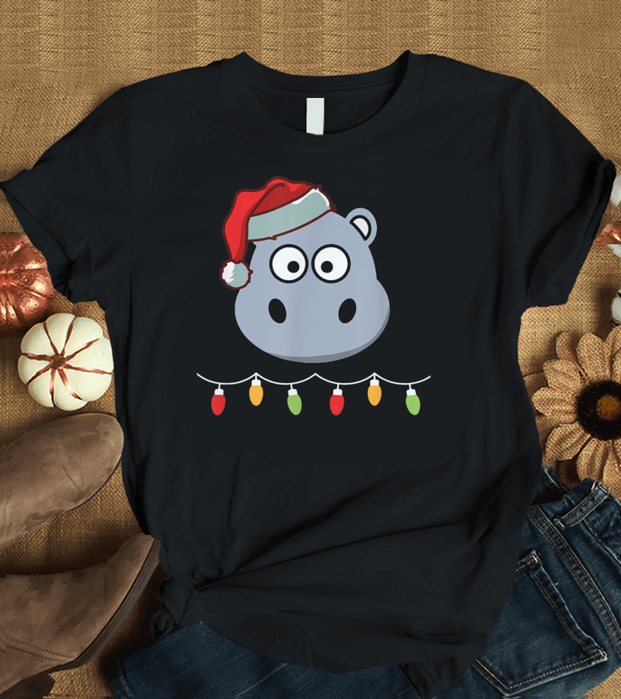 Hippo Lover Santa Hat Christmas Lights T-Shirt