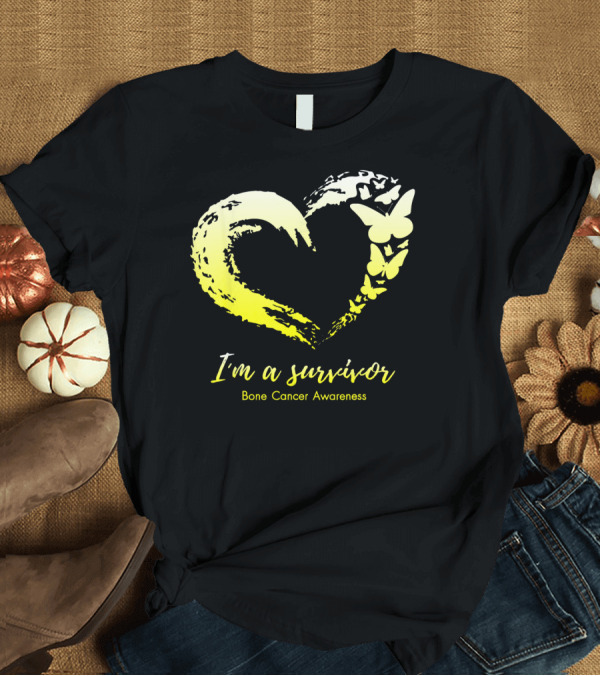 T-Shirt: I'm a Survivor Bone Cancer Awareness Yellow Butterfly Heart T-Shirt I'm a Survivor Bone Cancer Awareness Yellow Butterfly Heart T-Shirt