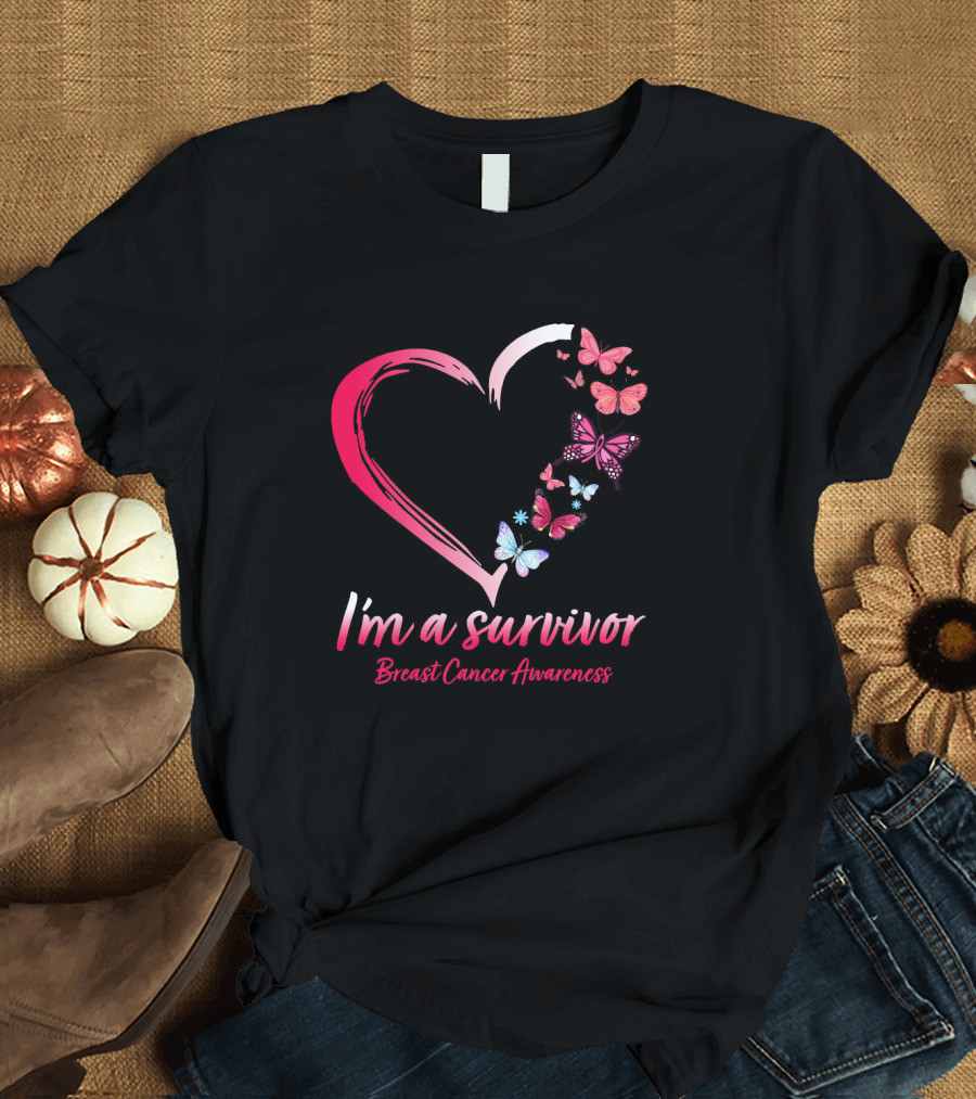I'm a Survivor Breast Cancer Awareness Heart Pink Butterfly T-Shirt
