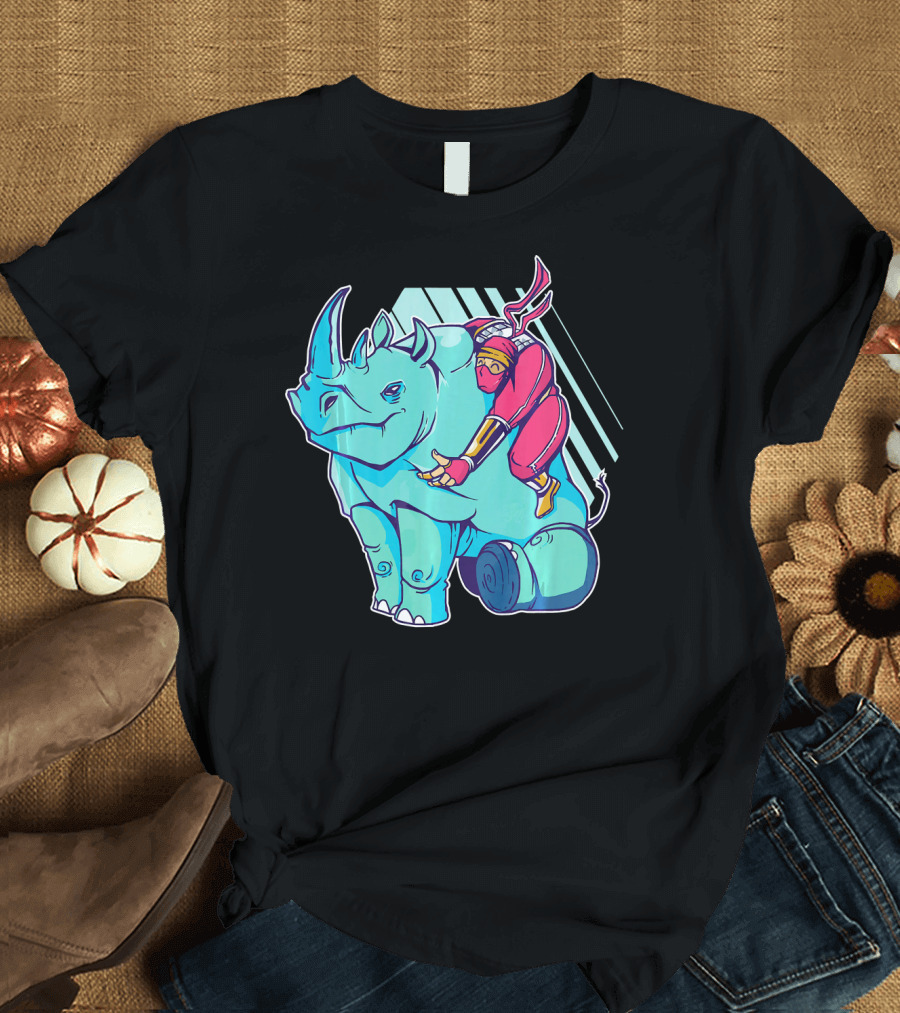 Ninja Riding a Rhino Fun Adventure on Blue Rhino T-Shirt