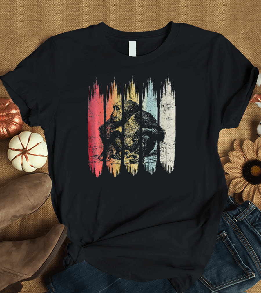 Vintage Chimpanzee Lover Retro Silhouette Multicolor Stripes T-Shirt