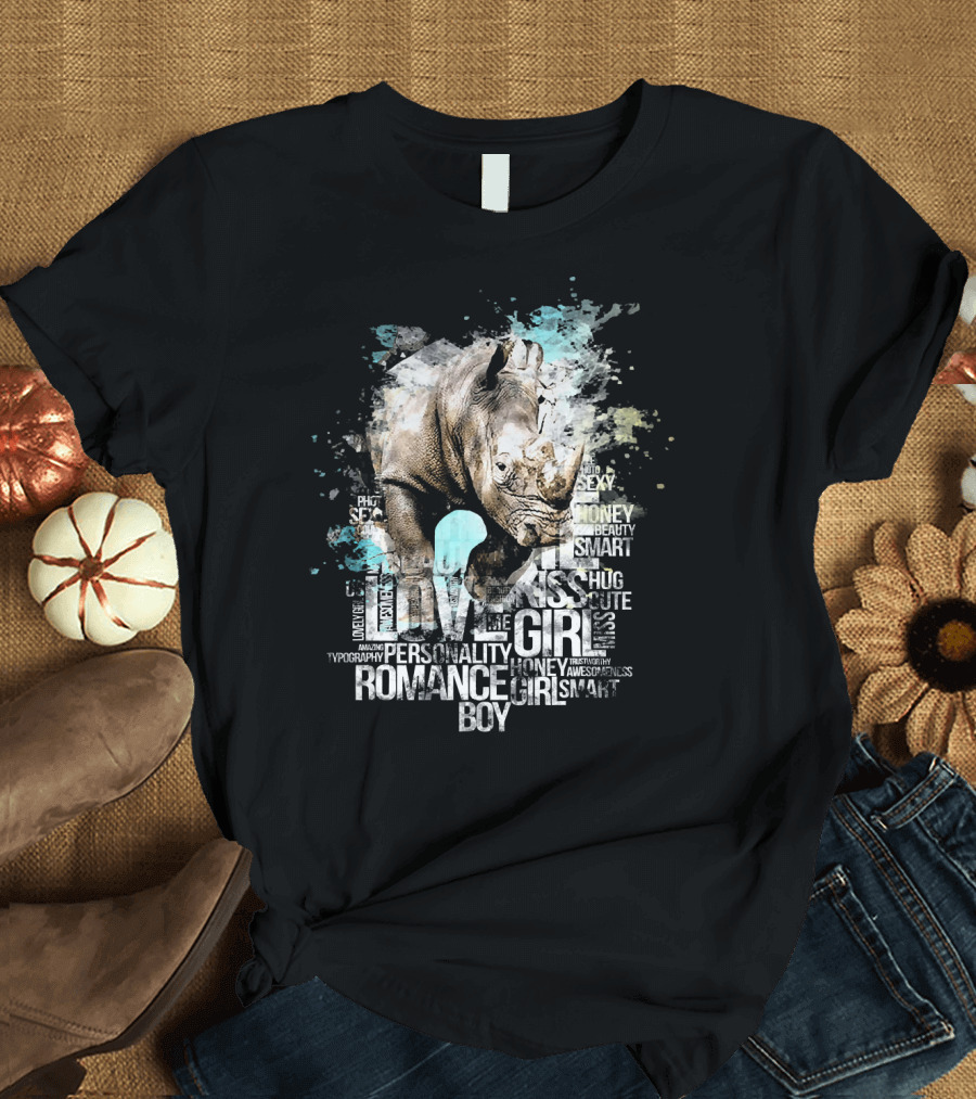 Rhino Graffiti Cool Smart Love Romance Typography Girls Boys T-Shirt