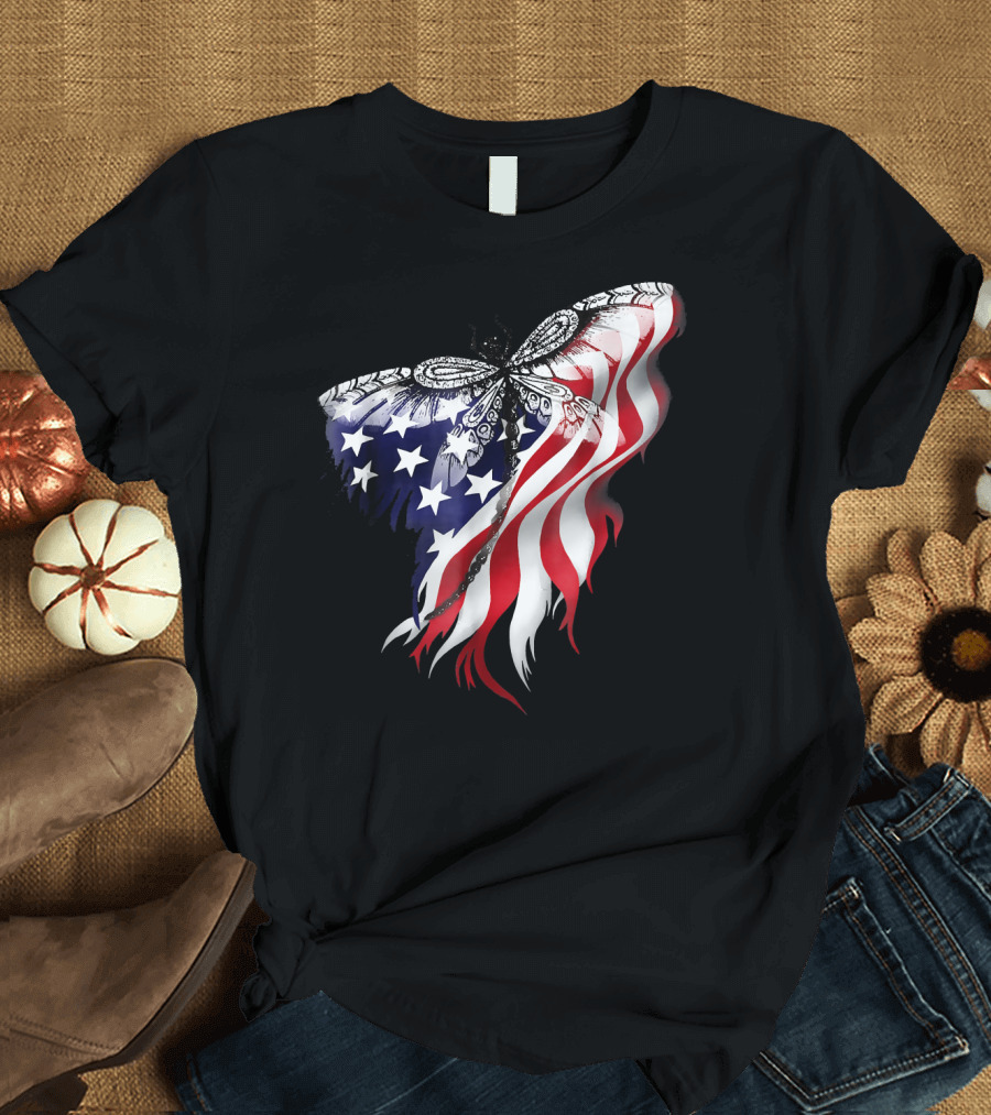US Flag Wings Independence Day Dragonfly T-Shirt