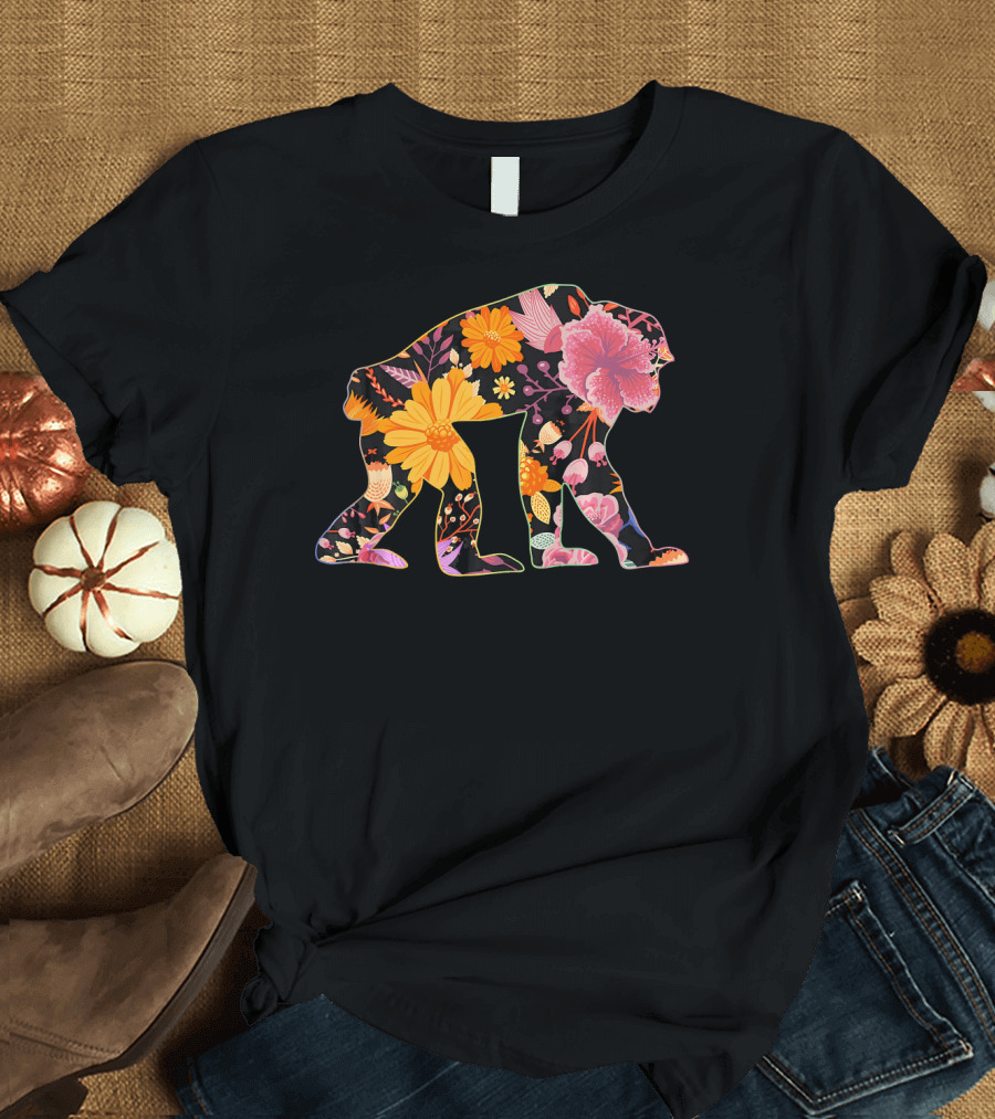 Floral Flower Vintage Retro Chimpanzee T-Shirt