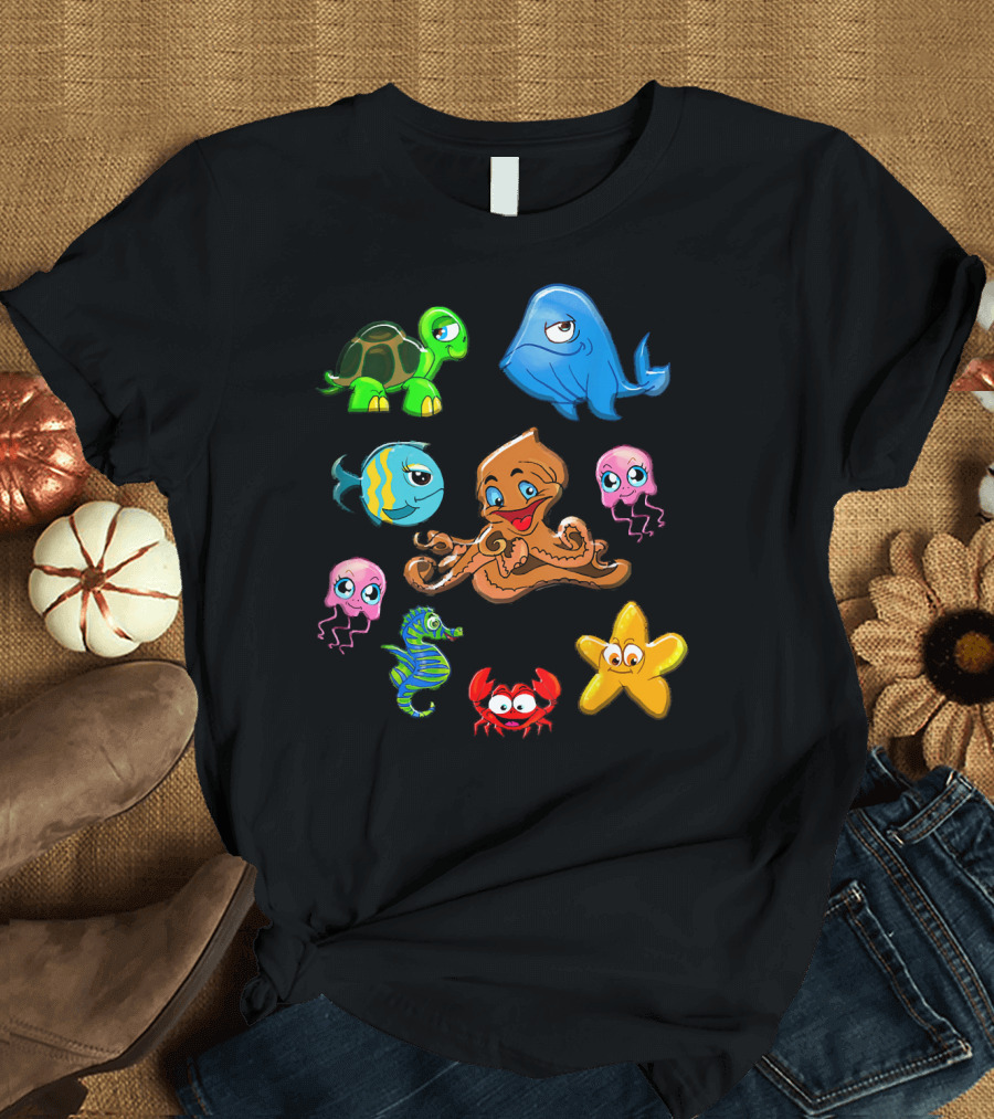 Sea Animals Whale Octopus Starfish Crab Turtle Fish Seahorse Jellyfish T-Shirt
