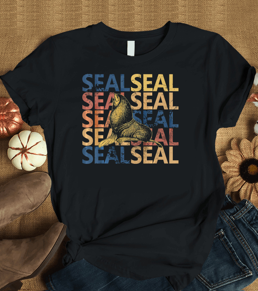 Vintage Retro Style Seal Multi-Color Text Overlap T-Shirt