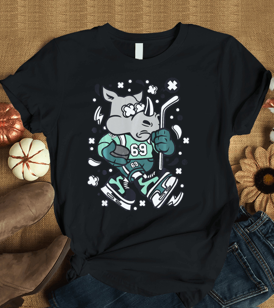Rhinoceros Hockey Funny Rhino Player 69 Cartoon Skater T-Shirt