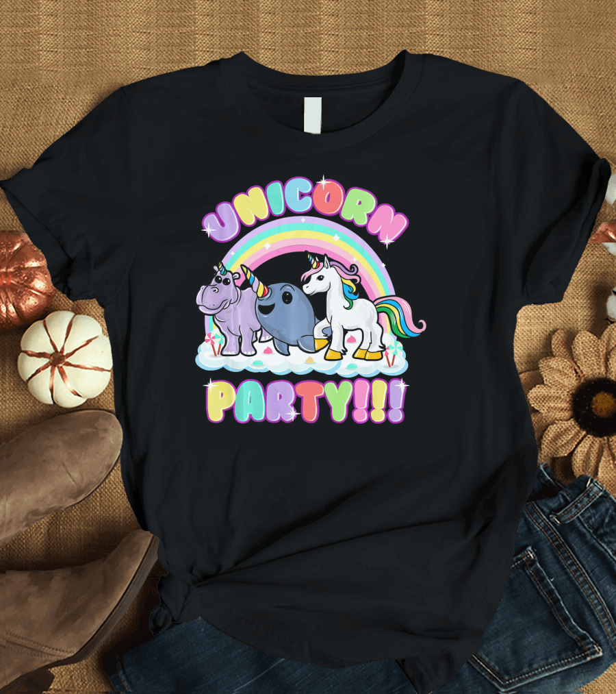 Unicorn Party Narwhal Rhino Rainbow Fun T-Shirt