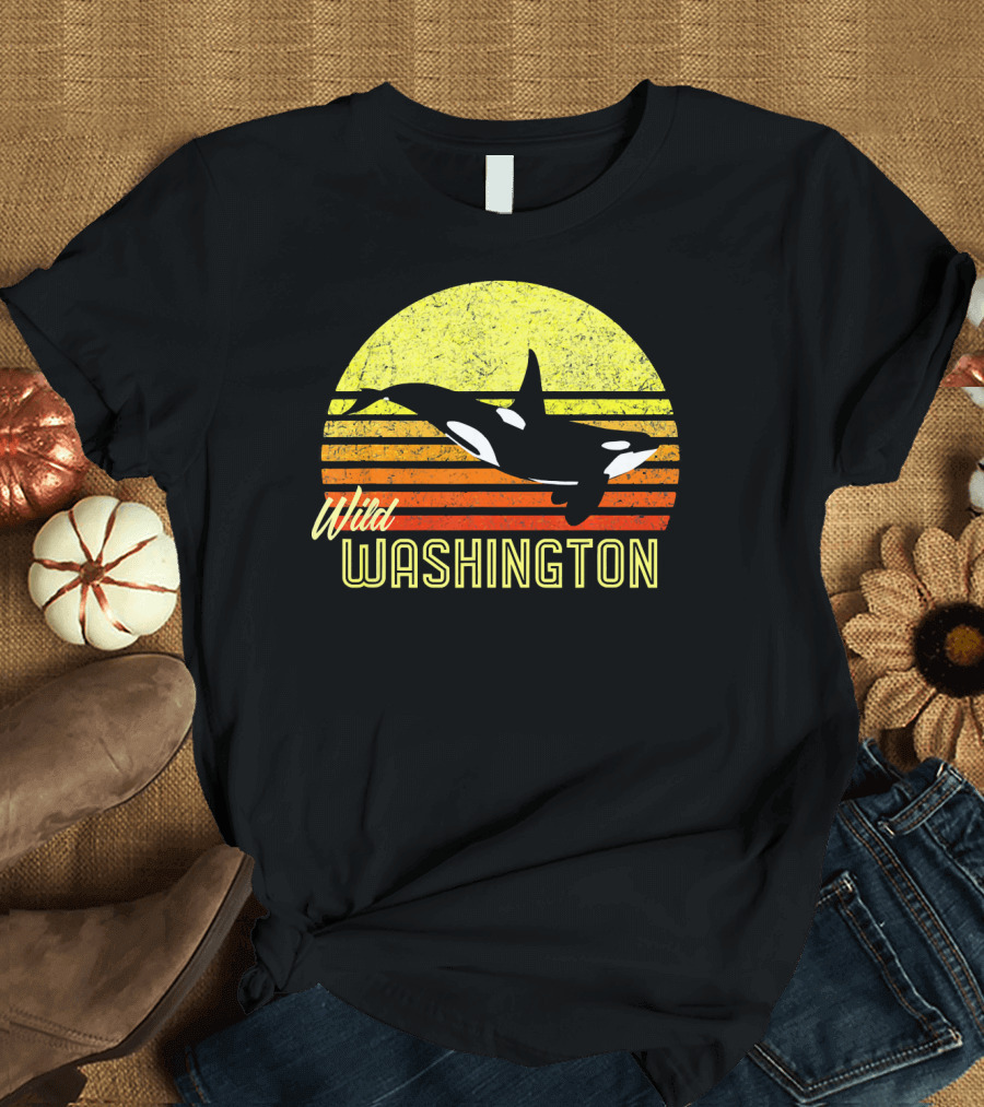 Wild Washington Orca Killer Whale Puget Sound Retro Sunset T-Shirt