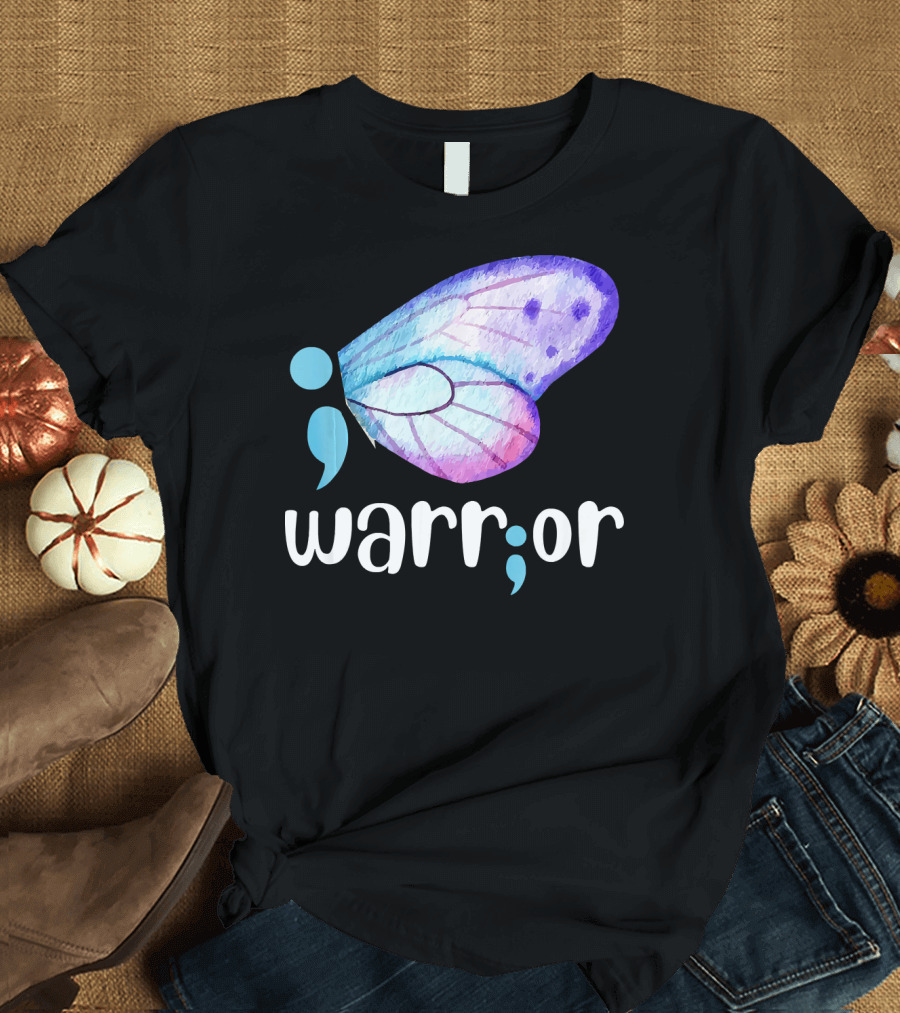 Warrior Butterfly Semicolon Mental Health Awareness T-Shirt