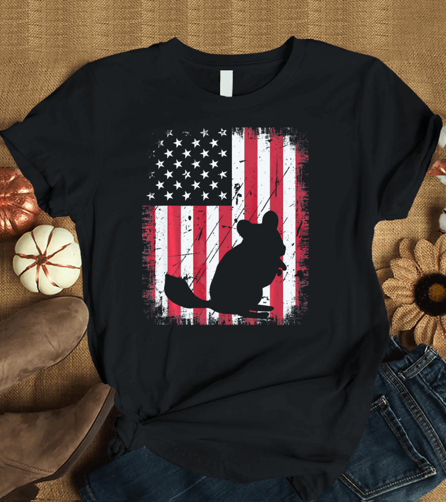 Vintage Chinchilla Silhouette Over Distressed American Flag T-Shirt